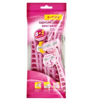 Бритвенные станки одноразовые, 3 лезвия, увлажняющая полоска, плавающая головка, 10 шт., розовый, X-ONE, 700035