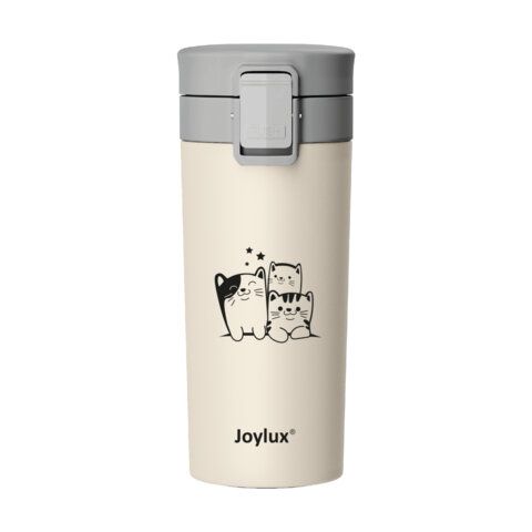 Термокружка 380 мл JOYLUX CLASSIC CAT, нержавеющая сталь SUS304, бежевый с принтом, 700272