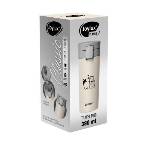 Термокружка 380 мл JOYLUX CLASSIC CAT, нержавеющая сталь SUS304, бежевый с принтом, 700272