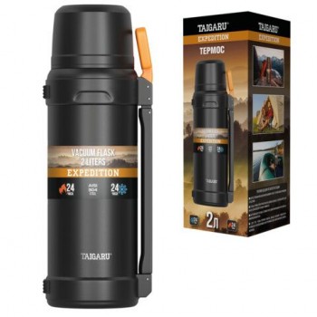 Термос 2л EXPEDITION, нержавеющая сталь SUS304, 2 кружки, 2 ручки, ситечко, черно-оранжевый, TAIGARU (ТАЙГАРУ), 700317