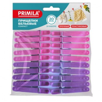 Прищепки бельевые 6,8 см, КОМПЛЕКТ 20 штук, пластик, ассорти, PRIMILA 4 шт. COMPACT, 700520