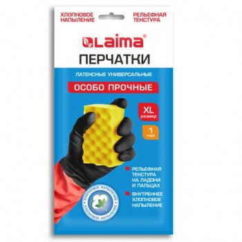 Перчатки МНОГОРАЗОВЫЕ латексные LAIMA 12 шт. "БИКОЛОР" черно-красные, ОСОБО ПРОЧНЫЕ, хлопковое напыление, размер XL (оч. большой), вес 64 г, 700540