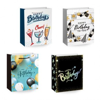 Пакет подарочный (1 штука) 18х10х23см (M) "Happy Birthday", ассорти, глиттер, фольга, ЗОЛОТАЯ СКАЗКА 24 шт., 700806