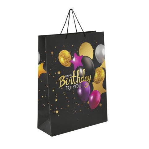 Пакет подарочный (1 штука) 33x13x45см (XL) "Happy Birthday", черный, фольга, ЗОЛОТАЯ СКАЗКА, 700857