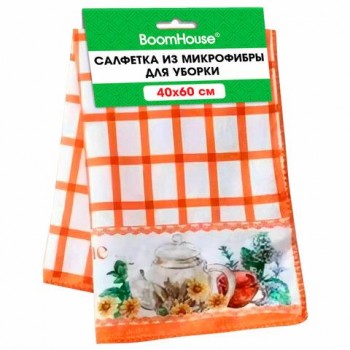 Салфетка из МИКРОФИБРЫ универсальная 40 х 60 см, оранжевая клетка, орнамент, 240г/м2, BOOMHOUSE 12 шт., 700877