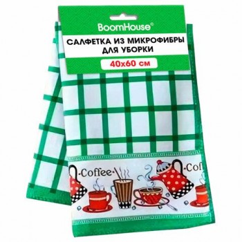 Салфетка из МИКРОФИБРЫ универсальная 40 х 60 см, зеленая клетка, орнамент, 240 г/м2, BOOMHOUSE 12 шт., 700878