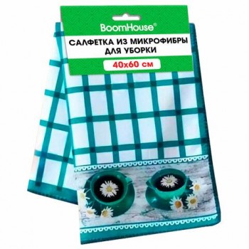 Салфетка из МИКРОФИБРЫ универсальная 40х60см, бирюзовая клетка, орнамент, 240г/м2, BOOMHOUSE 12 шт., 700879