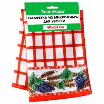 Салфетка из МИКРОФИБРЫ универсальная 40 х 60 см, красная клетка, орнамент, 240 г/м2, BOOMHOUSE 12 шт., 700880
