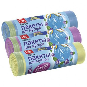 Мешки для мусора с завязками Арома 35л в рулоне 15шт, ассорти, ПНД, 53х56см, 9мкм, GRIFON 20 шт., ШК0842, 101-084