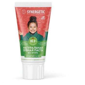 Зубная паста детская 50г SYNERGETIC клубничка и банан, от 3 до 6 лет (красная), 201010
