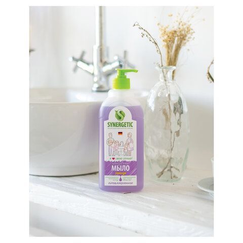 Мыло жидкое 500мл SYNERGETIC "Лаванда", гипоаллергенное, биоразлагаемое, дозатор, 105054/14