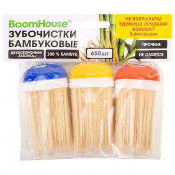 Зубочистки бамбуковые 450 штук, КОМПЛЕКТ 3 диспенсера по 150 штук, BOOMHOUSE 20 шт., 701947