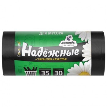Мешки для мусора с ушками 35л черные, в рулоне 30шт, ПСД 12мкм, 50x57,5см, РОМАШКА 4 шт. НА, ВЛ03130У