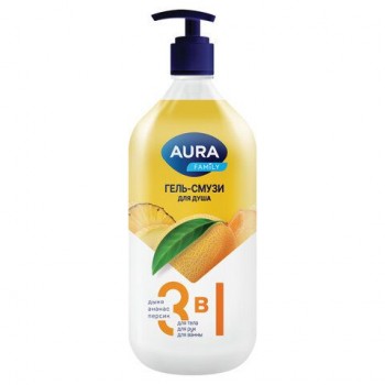 Гель-смузи для душа 3в1 для тела, рук и ванны 1л AURA FAMILY "Дыня, ананас, персик", дозатор, 14950
