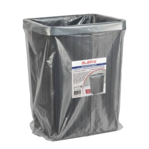 Мусорное ведро КОМПЛЕКТ с ободком-держателем мешков, прямоугольное, 13 литров, черное, LAIMA, 702295