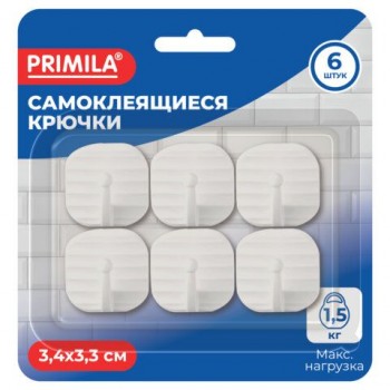 Крючки самоклеящиеся КОМПЛЕКТ 6шт 3,4х3,3см пластиковые квадратные белые PRIMILA 20 шт. (ПРИМИЛА), 702382