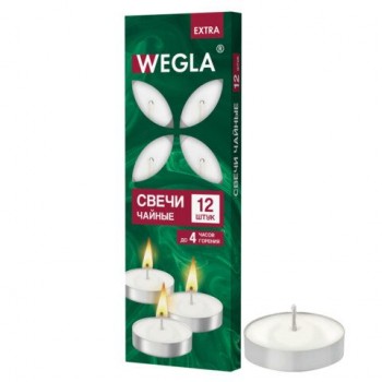 Свечи чайные литые в гильзе WEGLA 15 шт. EXTRA, до 4 часов горения, вес 10 грамм, КОМПЛЕКТ 12 штук, 702569