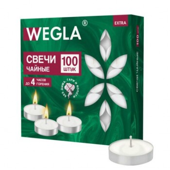 Свечи чайные литые в гильзе WEGLA EXTRA, до 4 часов горения, вес 10 грамм, КОМПЛЕКТ 100 штук, 702572