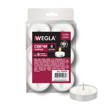Свечи чайные литые в гильзе WEGLA 15 шт. ULTRA LONG, до 9 часов горения, вес 21 грамм, КОМПЛЕКТ 6 штук, 702576