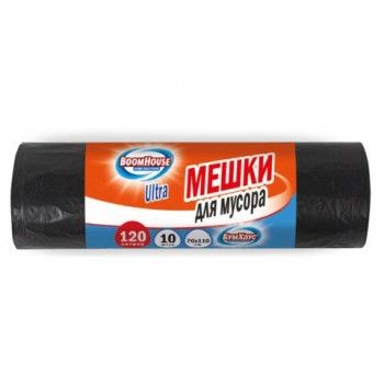 Мешки для мусора 120л черные в рулоне 10 штук особо прочные, ПВД 50 мкм, 70x110см, серия ULTRA, BOOMHOUSE, 702666