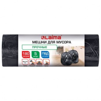 Мешки для мусора с завязками 180л черные в рулоне 5 штук прочные, ПВД 45 мкм, 90x115см, LAIMA, 702676