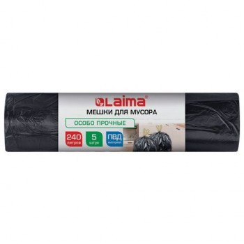 Мешки для мусора с завязками 240л черные в рулоне 5шт особо прочные ПВД 60мкм 110x120, LAIMA, 702686