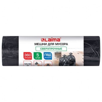 Мешки для мусора 360л черные в рулоне 5 штук сверхпрочные, ПВД 80 мкм, 120x160см, LAIMA, 702688