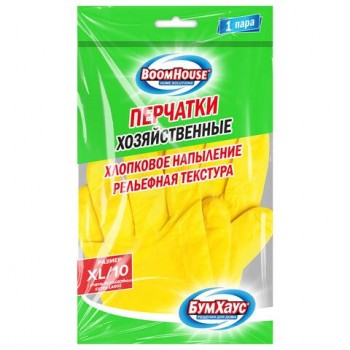 Перчатки МНОГОРАЗОВЫЕ латексные, желтые, хлопчатобумажное напыление, размер XL (очень большой), вес 32 г, BOOMHOUSE 36 шт. (БУМХАУС), 703081