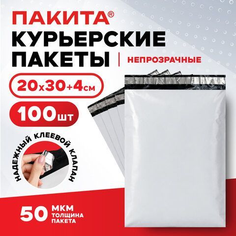 Курьерский пакет с клеевым краем, без кармана, КОМПЛЕКТ 100шт, 20х30+4см, ПВД 50мкм, 703246