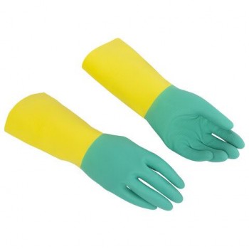 Перчатки VILEDA латекс/неопрен МНОГОРАЗОВЫЕ х/б напыление СВЕРХПРОЧНЫЕ, S (малый) зел/желт, 174305, 174303