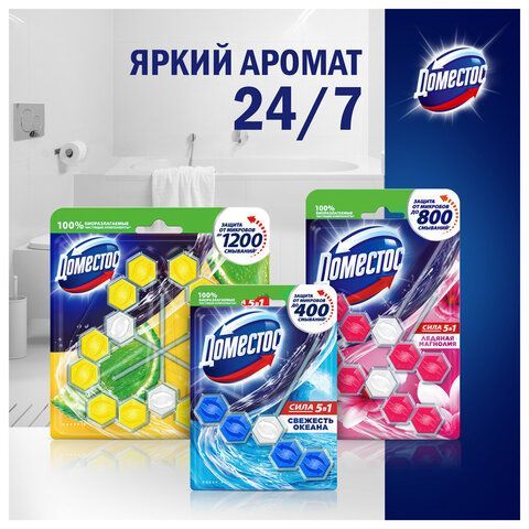 Блок туалетный подвесной твердый 3х55г ДОМЕСТОС Сила 5в1 "Свежесть океана", ш/к 14079