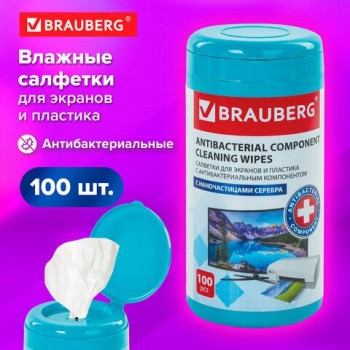 Салфетки АНТИБАКТЕРИАЛЬНЫЕ ДЛЯ МОНИТОРОВ, ОПТИКИ И ПЛАСТИКА, ПЛОТНЫЕ, BRAUBERG, 100 шт., ВБ, 880722