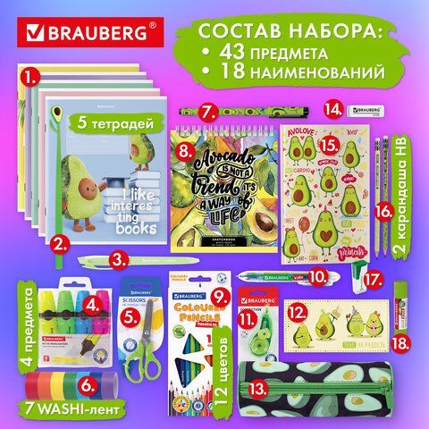 Набор канцелярии подарочный BRAUBERG &quot;AVOCADO&quot;, 18 наименований, 43 предмета, 880951