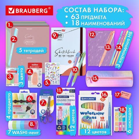 Набор канцелярии подарочный BRAUBERG &quot;PASTEL&quot;, 18 наименований, 63 предмета, 880952