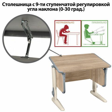 Стол-парта регулируемый &quot;ДЭМИ&quot; СУТ.41, 750х550х530-815 мм, бежевый каркас, пластик серый, дуб сонома (КОМПЛЕКТ)